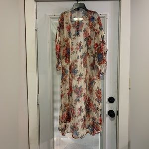 Cecico Cream Floral Sheer Kimono with Red & Blue Blooms